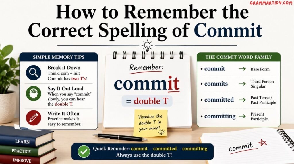 Commit vs Comit: Correct Spelling And Usage how to remember the correct spelling of commit