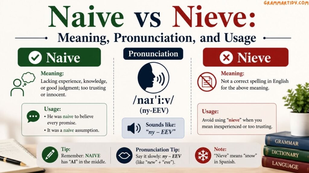 Naive vs Nieve: Which Spelling Is Correct And How To Use It? naive vs nieve meaning, pronunciation, and usage
